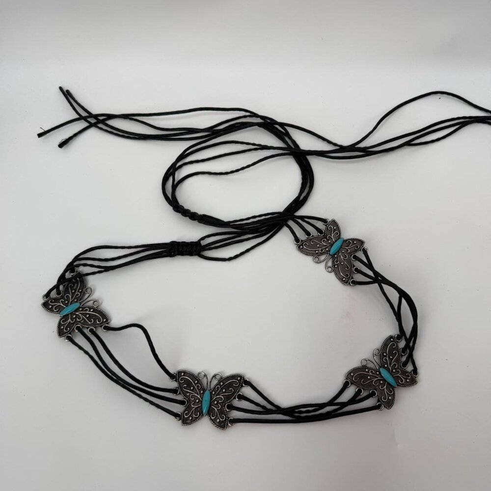 Rare Vtg GENUINE LEATHER Butterfly Concho Belt Turquoise Silver Boho Western Tie